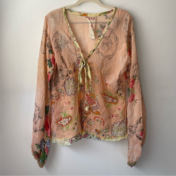 Johnny Was Tops - Johnny Was Peach Button-Up Tie Blouse